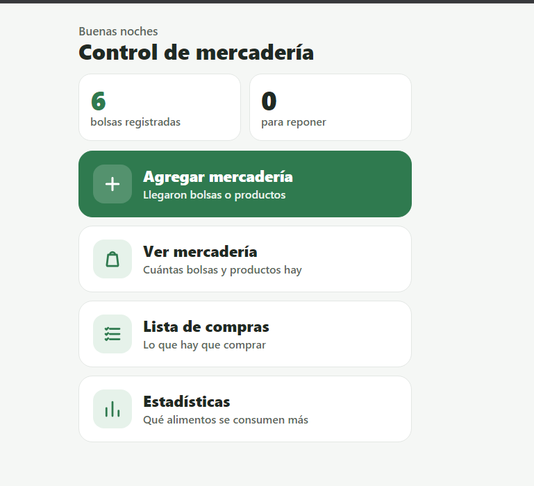 Captura real de NoahPetshop: inicio con accesos a mercadería, compras y estadísticas