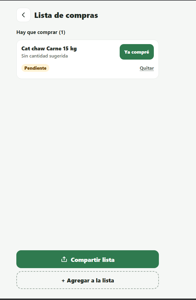 Captura real de NoahPetshop: reposición y lista de compras